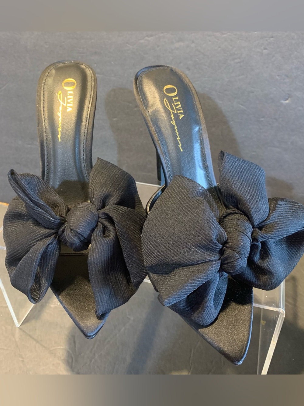 Olivia New 7.5 Black Bow Open Pointed Mule Stilleto Heels